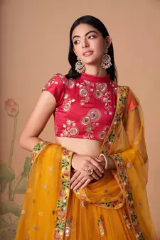 Amazing Yellow & Rani Pink Net Thread Zari & Sequins Embroidery With Mirror Wedding Designer Lehenga Choli With Dupatta
