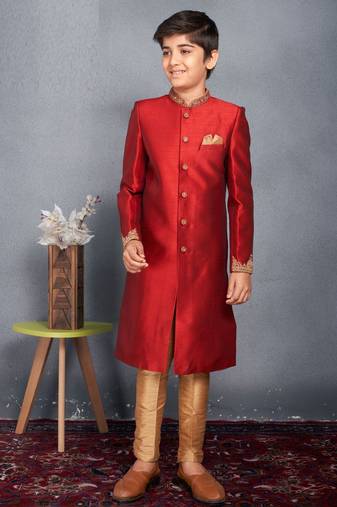 Maroon embroidered art silk boys-sherwani