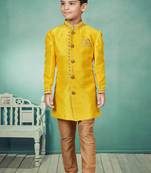 Yellow printed art silk boys-sherwani