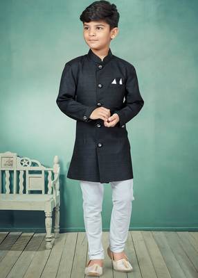 Black plain art silk boys-sherwani 1