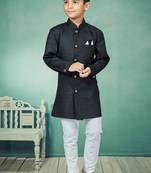 Black plain art silk boys-sherwani