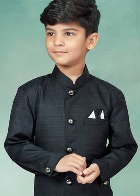 Black plain art silk boys-sherwani 2
