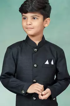 Black plain art silk boys-sherwani