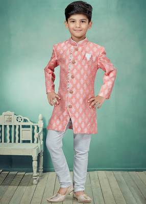 Pink printed art silk boys-sherwani 1