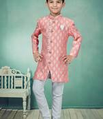Pink printed art silk boys-sherwani
