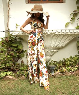 Ruffled Printed Top With Flared High Waist Pants 4