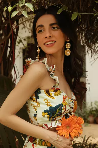 Ruffled Printed Top With Flared High Waist Pants