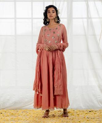 Rose Pink Cotton Crinkled Anarkali Set 1