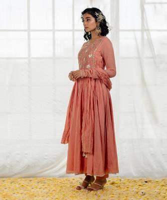 Rose Pink Cotton Crinkled Anarkali Set 2