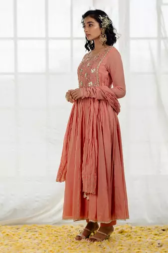 Rose Pink Cotton Crinkled Anarkali Set