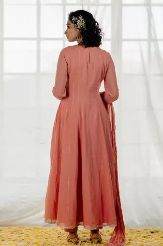 Rose Pink Cotton Crinkled Anarkali Set