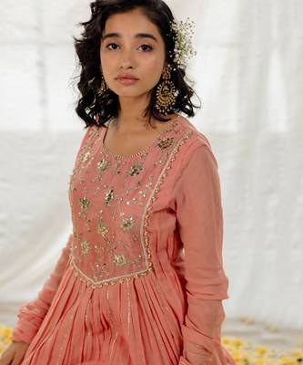 Rose Pink Cotton Crinkled Anarkali Set 4