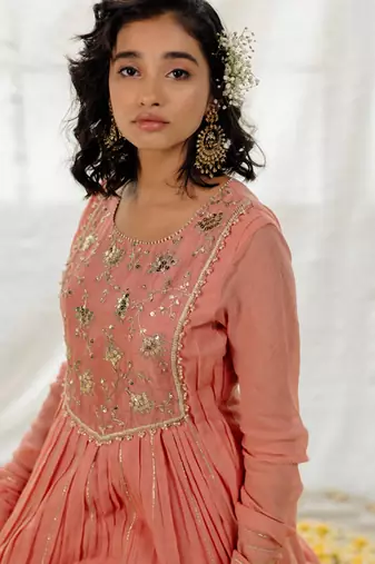 Rose Pink Cotton Crinkled Anarkali Set