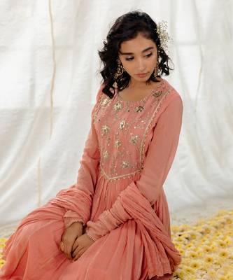 Rose Pink Cotton Crinkled Anarkali Set 5
