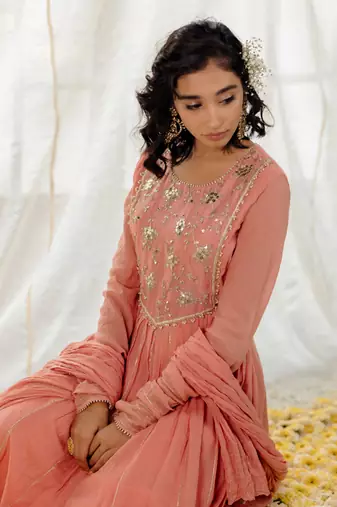 Rose Pink Cotton Crinkled Anarkali Set