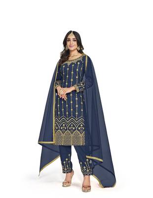 Blue Color Real Mirror Embroidered Soft Silk Cotton Patiala Salwar Suit 1
