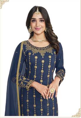 Blue Color Real Mirror Embroidered Soft Silk Cotton Patiala Salwar Suit 2