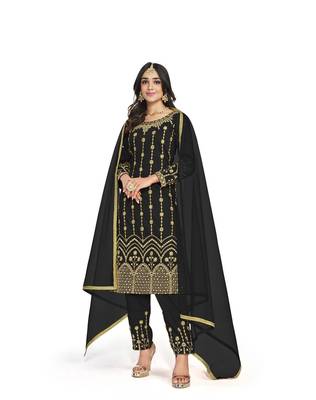 Black Color Real Mirror Embroidered Soft Silk Cotton Patiala Salwar Suit 1