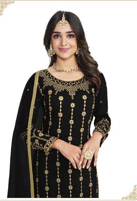 Black Color Real Mirror Embroidered Soft Silk Cotton Patiala Salwar Suit 2