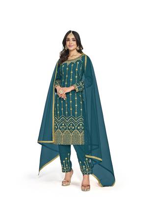 Rama Blue Color Real Mirror Embroidered Soft Silk Cotton Patiala Salwar Suit 1