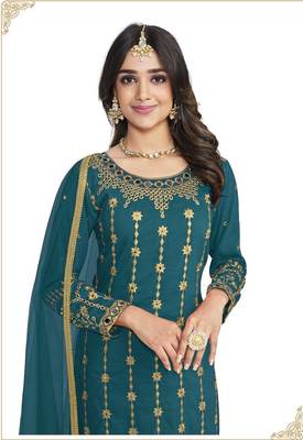 Rama Blue Color Real Mirror Embroidered Soft Silk Cotton Patiala Salwar Suit 2