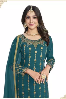 Rama Blue Color Real Mirror Embroidered Soft Silk Cotton Patiala Salwar Suit