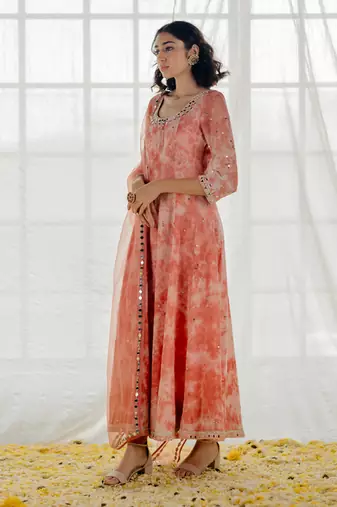 Pink Marble Dyed Georgette Embroidered Anarkali Set