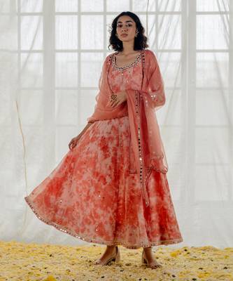 Pink Marble Dyed Georgette Embroidered Anarkali Set 1