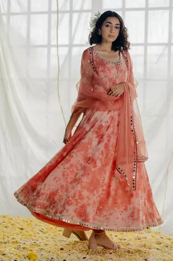 Pink Marble Dyed Georgette Embroidered Anarkali Set