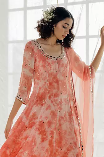Pink Marble Dyed Georgette Embroidered Anarkali Set