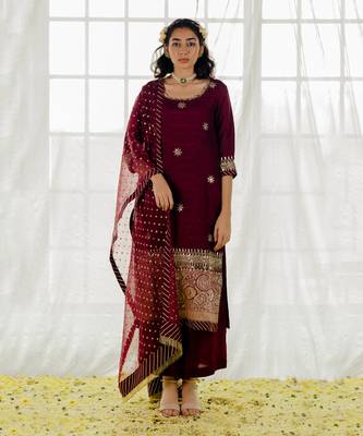 Plum Silk Embroidered Straight Kurta Set 1