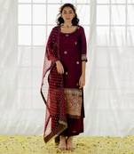 Plum Silk Embroidered Straight Kurta Set