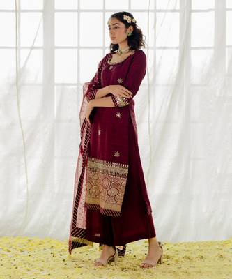 Plum Silk Embroidered Straight Kurta Set 2