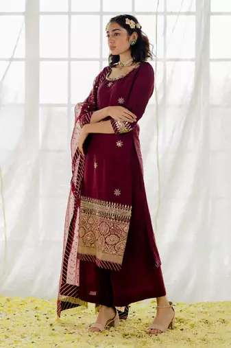 Plum Silk Embroidered Straight Kurta Set