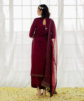 Plum Silk Embroidered Straight Kurta Set 3