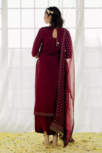 Plum Silk Embroidered Straight Kurta Set
