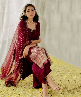 Plum Silk Embroidered Straight Kurta Set 4