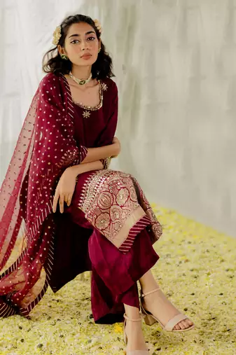 Plum Silk Embroidered Straight Kurta Set