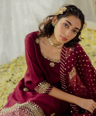 Plum Silk Embroidered Straight Kurta Set 5