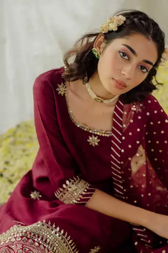 Plum Silk Embroidered Straight Kurta Set