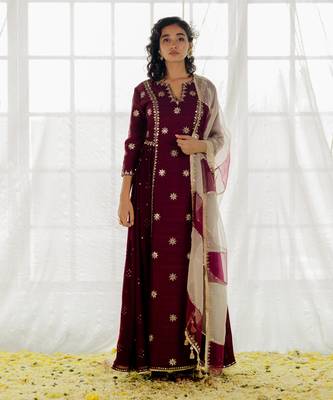 Plum Silk Embroidered Long Anarkali Set 1