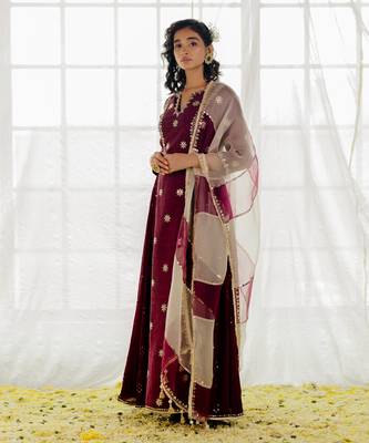 Plum Silk Embroidered Long Anarkali Set 2
