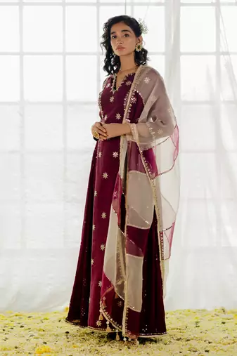 Plum Silk Embroidered Long Anarkali Set