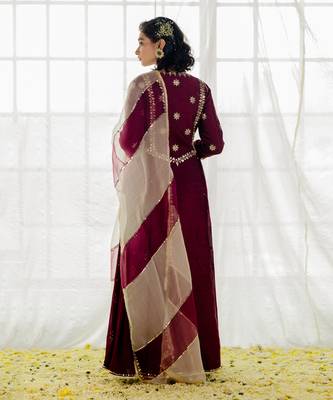 Plum Silk Embroidered Long Anarkali Set 3