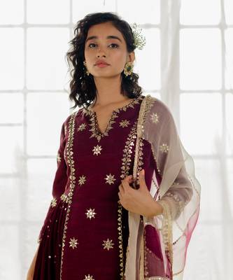 Plum Silk Embroidered Long Anarkali Set 4
