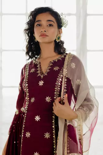 Plum Silk Embroidered Long Anarkali Set