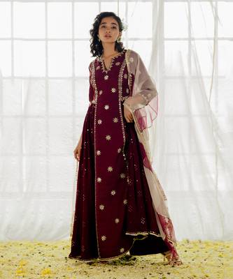 Plum Silk Embroidered Long Anarkali Set 5