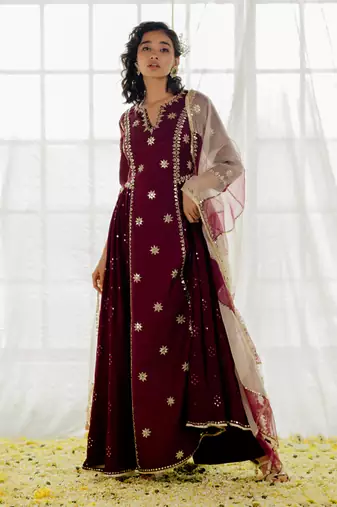 Plum Silk Embroidered Long Anarkali Set