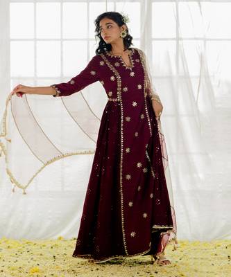 Plum Silk Embroidered Long Anarkali Set 6
