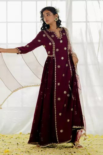 Plum Silk Embroidered Long Anarkali Set